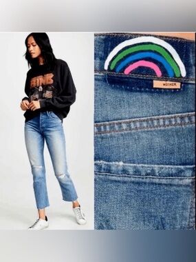 MOTHER Superior Tomcat Ankle Fray Rainbow Patch Jeans 26